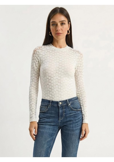 Shade Kadın Uzun Kollu Yarım Balıkçı Yaka Transparan Tül Dantel Bodysuit 1034 60283930 - Beyaz