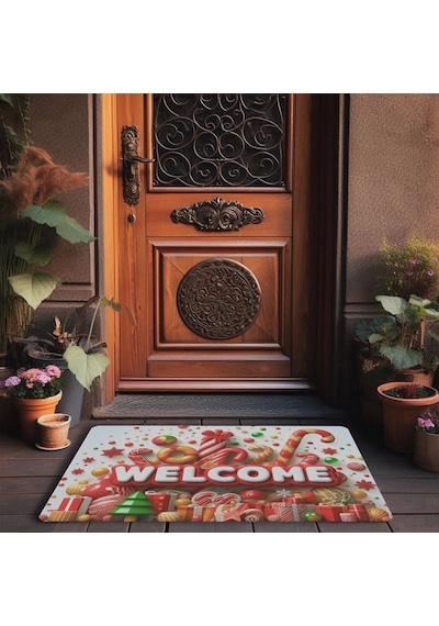 Valerine Life Yılbaşı Baston Ve Yuvarlak Şekerler Welcome Kapı Önü Paspası 45x70cm