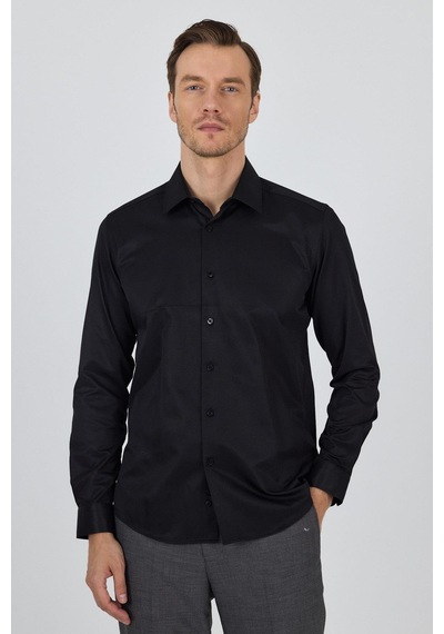 İmza Siyah Sert Yaka Düz Classic Pamuklu Slim Fit Gömlek 1004250900 Siyah
