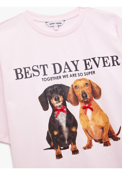 Koton Kısa Kollu Bisiklet Yaka Pamuklu Köpek Baskılı Oversize Tişört Pembe 5sal10788ık Gül