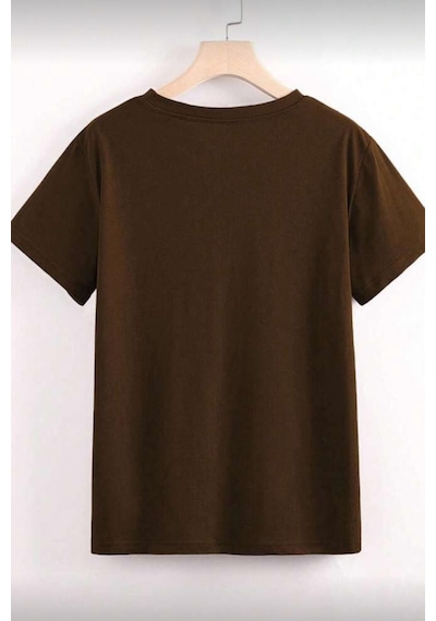 Gold Cherry Kadın Oversize Ön Baskılı Bisiklet Yaka Pamuklu T-shirt Rahat Kesim Kahve