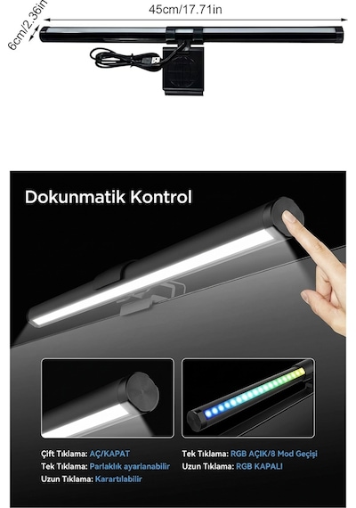 Dokunmatik Monitör Üstü Led Aydınlatma Rgb Ambiyans & 3 Renk Işık Ayarlanabilir