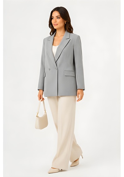 Lili Woman Kadın Kruvaze Açık Gri Blazer Ceket Çift Düğmeli, Cep Kapaklı P.3982g
