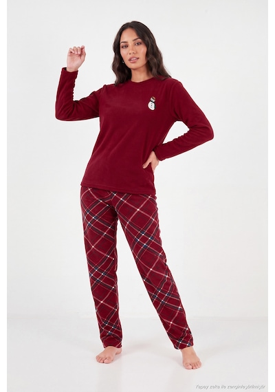 Lela Ekose Desenli Bisiklet Yaka Yumuşak Polar Pijama Takımı Kadın Pijama Takımı 6097059k Bordo