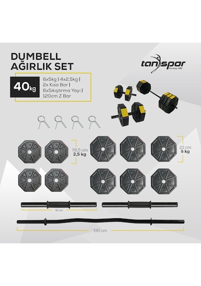 Tan Spor 40 KG Dambıl Ağırlık Halter  Kısa Bar ve Z Bar Seti