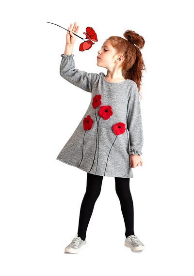 Denokids Kız Çocuk Kışlık Çiçek Desenli Triko Gri Uzun Kollu Fırfırlı Elbise 3-9 Yaş