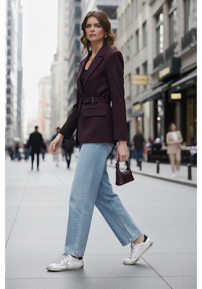 Lela Regular Fit Kruvaze Yaka Kemerli Blazer Bayan Ceket 6839367 Mürdüm