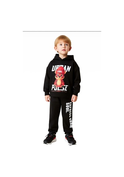 Ersefa Erkek Çocuk Kapüşonlu Sweatshirt Ve Eşofman Altı Kaplan Figürlü Ş Siyah