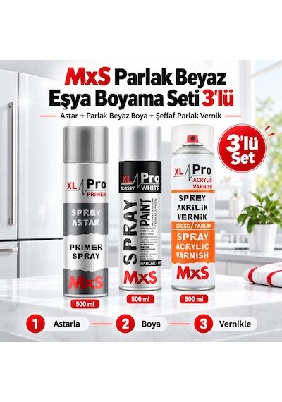 Mxs Buzdolabı Yenileme Boya Seti 3 Lü Astar + Ral 9003 Parlak Beyaz + Şeffaf Parlak Vernik