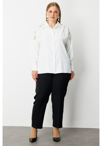 Moda İlgi Kadın Büyük Beden Nakış Detaylı Oversize Gömlek 0041 Ekru Ekru