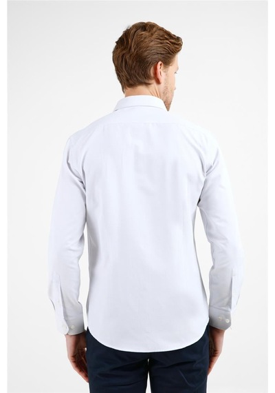 İmza Beyaz - Mavi Kendinden Desenli Sert Yaka Uzun Kol Cepsiz Slim Fit Pamuklu Gömlek 1004255216 Beyaz - Mavi
