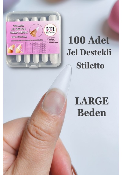 100 Adet Large Uzun Stiletto Törpülenmiş Jel Destekli Takma Tırnak Large
