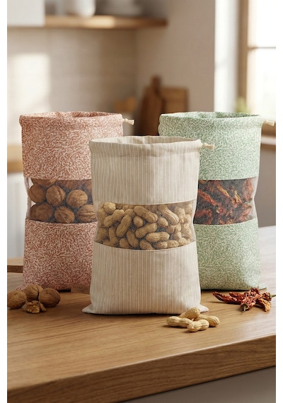 3 Adet Bakliyat Kesesi Büyük Boy 24x34 Erzak Kuru Gıda Saklama Kabı Torbası Fileli Bez Soft-Set 101