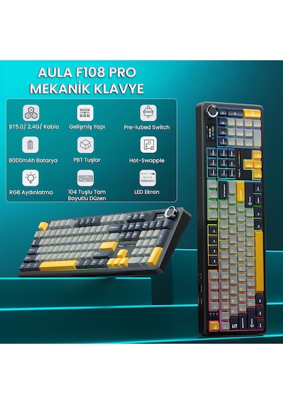 Aula F108 Pro Ekranlı Mekanik Klavye Reaper Switch Rgb Hot Swap 8000mah Makrolu Oyuncu Klavyesi Siyah