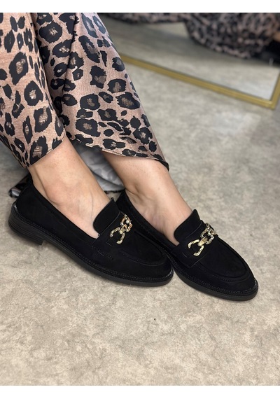 Günlük Kadın Loafer Makosen Klasik Alçak Topuklu Desenli Taban Zincirli Oval Burunlu Ayakkabı 150 Siyah - Süet