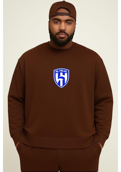 Benroma 3 İplik Penye Al Hılal Baskılı Büyük Beden Unisex Sweatshırt Kahverengi
