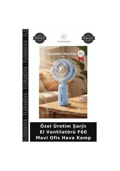 Özel Üretim Şarjlı El Vantilatörü F60 Mavi Ofis Hava Kamp