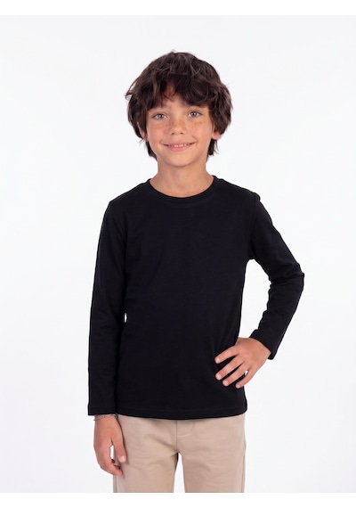 Onloox Erkek Siyah Erkek Çocuk Siyah Pamuklu Penye Bisiklet Yaka Uzun Kollu Regular Fit Basic Tişört 5-14 Yaş