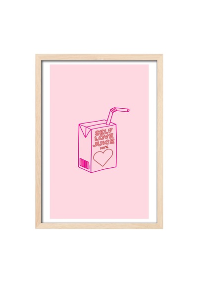 Self Love Juice Doğal Ahşap Çerçeveli Poster, Dekoratif Pembe Duvar Tablosu