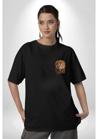 Kaplan Süs Siyah Oversize Unisex Ön Sol Yan Minimal Baskılı Tişört Koyu Siyah