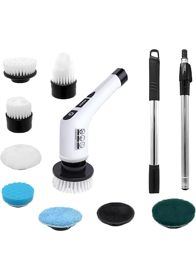 Cevval Jy-6010 Elektrikli Spin Scrubber - 7 Başlıklı Teleskopik Saplı Turbo Temizlik Fırçası Banyo, Mutfak, Araç Uyumlu
