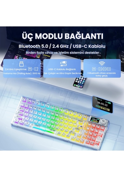Aula F98 Pro V3 Oled Ekranlı Crystal Switch Makrolu Kablosuz Rgb Hot-swap Gasket Pre-lubed Switch Mekanik Klavye Şeffaf