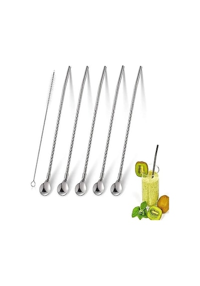 Mucit Home Kaşıklı Milkshake Pipeti Gümüş Paslanmaz Çelik 6'lı Pipet Seti+ 1 Adet Temizleme Fırçası