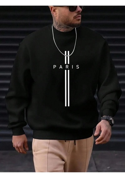 Paris-dikey-çift-çizgi-baskılı Bisiklet Yaka Siyah Swetshirt - Oversize Unisex Kalın Kışlık Siyah
