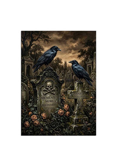 Mezarlıkta Karga Ve Kafataslı Mezar Taşı Dekoratif Kanvas - Mdf Ahşap Tablo Çok Renkli