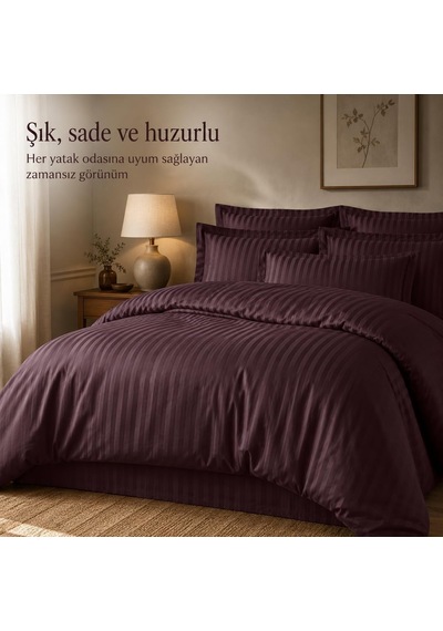 %100 Pamuk Saten Çizgili Bordo Nevresim Takımı Diğer