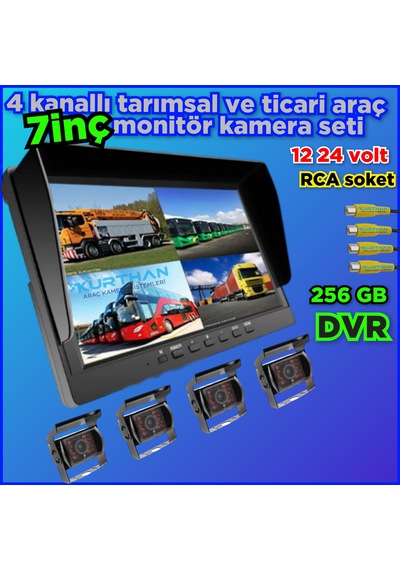 7 İnç Dvr Ekran 4 Adet Metal Kasa Ledli Kamera Seti 12 24 Volt