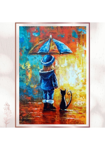 Şemsiyeli Çocuk Ve Kedi Pvc Tablo - Duygusal Pvc Tablo