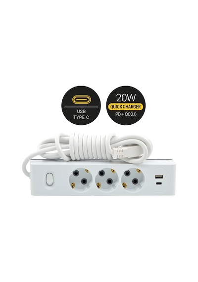 Günsan USB + Type-C Çıkışlı QC3.0 + PD Hızlı Şarj Özellikli Üçlü Çocuk Korumalı Topraklı Anahtarlı Grup Priz 3 Metre Günsan USB + Type-C Çıkışlı QC3.0 + PD Hızlı Şarj Özellikli Üçlü Çocuk Korumalı Topraklı Anahtarlı Grup Priz 3 Metre