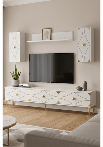 Tvr1897bg - Alfa Tvr180 Tv Ünitesi Takım , Tv Sehpası Beyaz - Gold 180cm