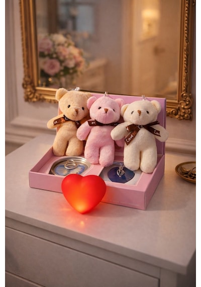 Sevgililer Gününe Romantik 3 Lü Hediye Seti İstiridye İnci Kolye 3 Adet Mini Peluş Ayı & Işıklı Kalp Çok Renkli