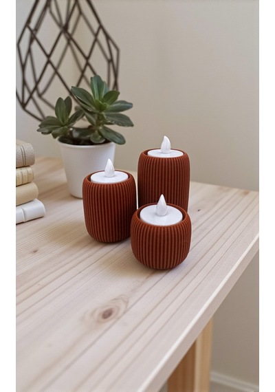 3 Lü Tealight Mumluk Seti Dekoratif Modern Silindir Tasarım-lüks Tasarım- Dekoratif Işık Seti Kahverengi