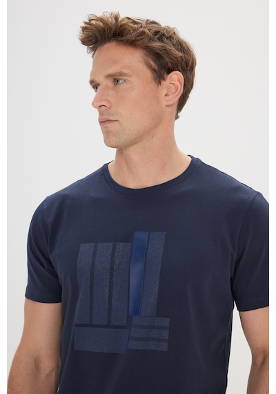 AC&Co / Altınyıldız Classics Erkek Lacı Slim Fit Dar Kesim Pamuklu Esnek Baskılı Bisiklet Yaka Tişört Lacı Lacivert