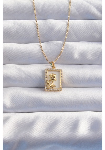 Ezoconcept 316l Çelik Zincir Gold Renk Zirkon Taşlı Çerçeveli Gül Kolye 001