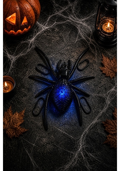 Siyah Led Işıklı Örümcek Dekor Süsü Halloween Cadılar Bayramı Parti Süsleme Aksesuarı 16x15 Cm Diğer