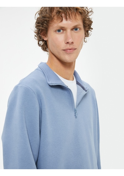 Koton Yarım Fermuarlı Yaka Basic Şardonlu Pamuk Karışımlı Uzun Kollu Sweatshirt Mavi 5wam70002mk Mavi