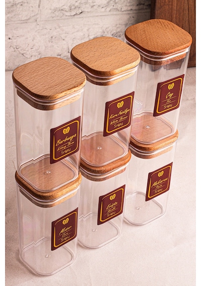 Snippy Boxy - 6'lı Ahşap Vakumlu Kapaklı Etiketli Baharatlık Takımı 350 Ml - Erzak Saklama Kabı Seti Ahşap