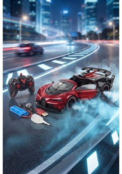 1:12 Ölçek 8 Fonksiyonlu Bugetti Chiron Tasarımlı Duman Efektli Uzaktan Kumandalı Yarış Arabası Kırmızı