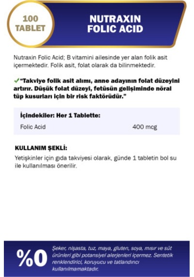 Nutraxin Folic Acid 400 Mcg 100 Tablet 2 Adet