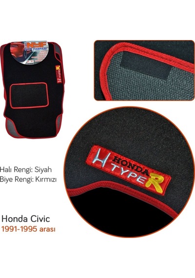 Nyf Honda Civic 1991-1995 Siyah Halı Paspas (Biye Kırmızı)