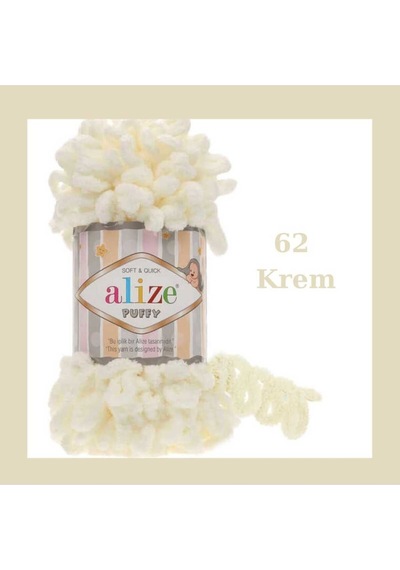 Puffy El Örgü Ipliği Büyük Ilmek 62 Krem Tekli - 100 Gr. 9 Mt. Parmak Ipi, Battaniye Ipi