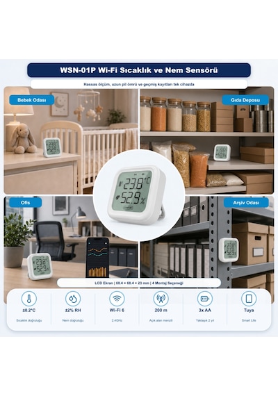 Wifi Lcd Ekranlı Pilli Sıcaklık Ve Nem Sensörü Tuya, Smart Life Uyumlu