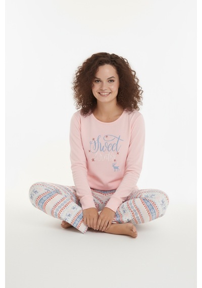 Luxury Thermal Sweet Winter Geyik Desenli Kadın Polar Kışlık Pijama Takımı 42054 Pembe