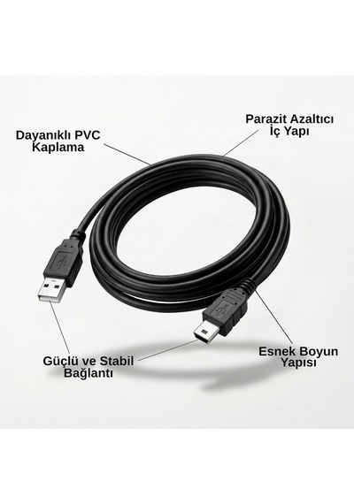 Mini Usb To Usb Şarj Ve Data Kablosu 1.5 Metre - Usb 2.0 Veri + Şarj - Usb-a'dan Mini Usb-b'ye 5 Pin - Dijital/aksiyon/araç Kamerası, Gps, Mp3/mp4, Ps3 Kolu Uyumlu - Tak Çalıştır