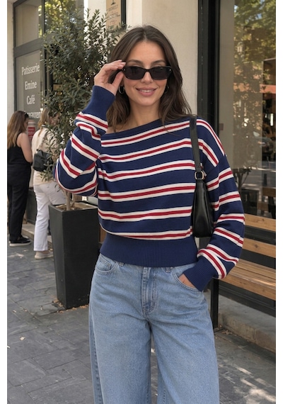 Sayzen Your Shine Trend Kayıkçı Yaka Çizgili Kadın Triko Kazak Lacivert