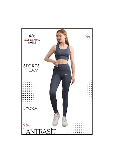 Missmaral Kadın Alt Üst Takım Fitness Pilates Koşu Spor Slm Fit Tayt Çift Cep Yüksek Bel Likralı Antrasit 3065 Antrasit